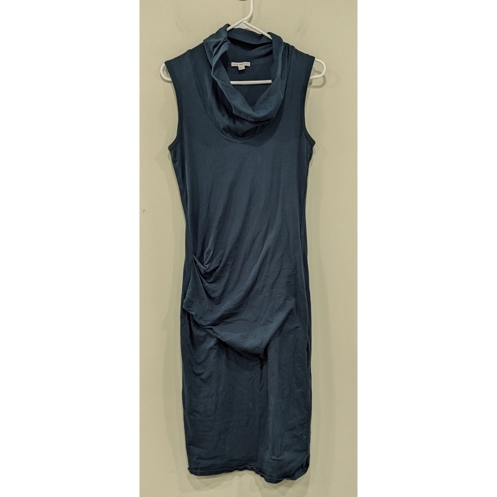 James Perse Standard Teal Cowl Neck Ruched Side Midi Dress Size Medium